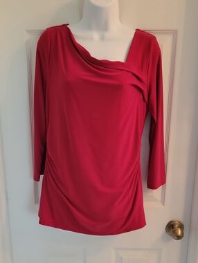 WHBM Womens Red Draped Neck Long Sleeve Top